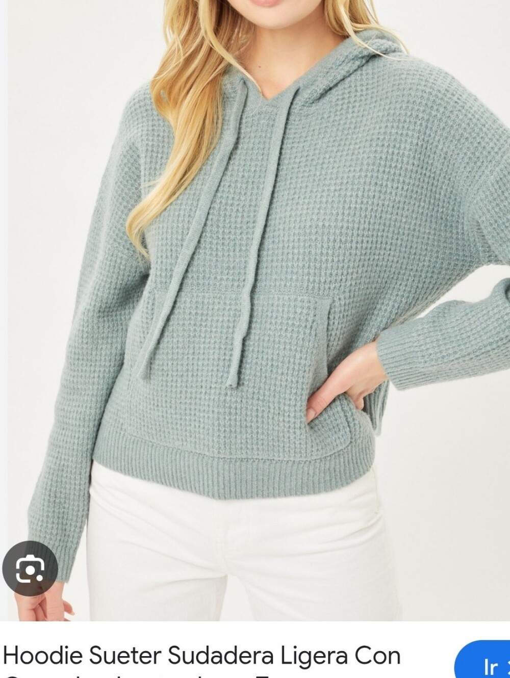 aerie Sage Green Waffle-Knit Hoodie Sweater Women Pullover Cozy-up Relaxed SzL-G